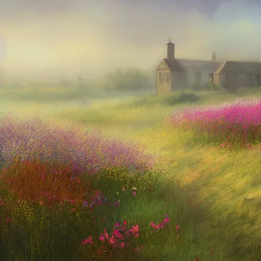 Image similar to a matte painting of a european prairie, cottages, foggy, patchy flowers, oil painting, pale colors, high detail, 8 k, wide angle, trending on artstation,