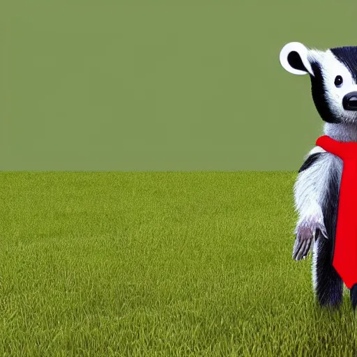Image similar to a humanoid upright friendly badger walking on white background towards the camera, he‘s wearing a red neckerchief, clean digital render
