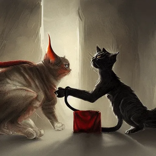 Image similar to concept art, devil offers money to a cat, high quality, detailed, eerie atmospher