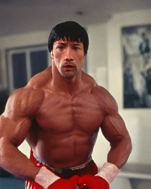 Image similar to Film still close-up shot of Dwayne Johnson as Rocky Balboa from the movie Rocky. Photographic, photography