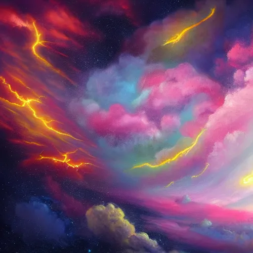 Prompt: a detailed and realistic painting of a huge colourful cloud in space, with lots of other clouds around, with incredibly huge lightning with 8 k resolution, in the artistic style of fantasy art