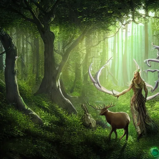 Image similar to beautiful elven celestial stag. beautiful highly detailed forest background. green and blue light. accurate, sci - fi concept art, intricate, elegant, long shot 8 k rendering.