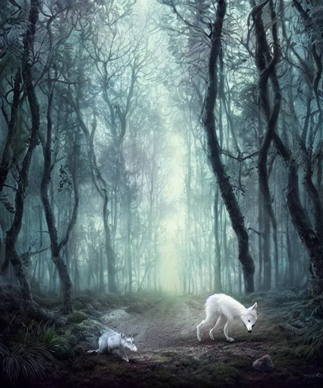 Image similar to a realistic white wolf, walking through a psychedelic forest, wide angle landscape shot, by national geographic and tom bagshaw