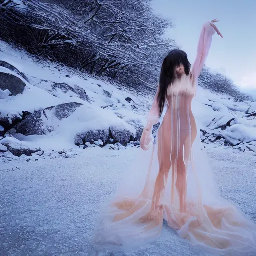 Image similar to a instax photo of fuji mountain, a tall japanese girl in a transparent sheer fabric dress against the background of fuji mountain, severe snow, full body shot, by peter kemp, by monia merlo, hyperrealistic, hyperdetailed, octane render, 8 k