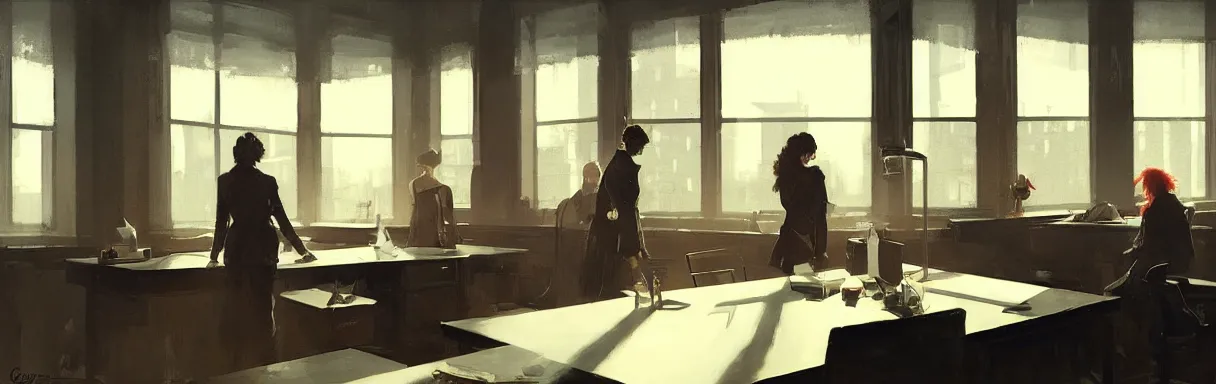 Prompt: a noir scene in a detective agency, desks, large glass windows, wooden trim, deep shading, vintage, by greg rutkowski, ( ( ( by ilya repin ) ) ), by artgerm