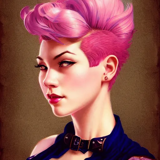 Prompt: head and shoulders portrait of VI of League of Legends, pink short hair, sidecut hairstyle, steampunk acessoires, illustration, medium shot, intricate, elegant, highly detailed, digital art, sharp lines, ffffound, art by Gil Elvgren and Fernanda Suarez and Greg Manchess and Sachin Teng
