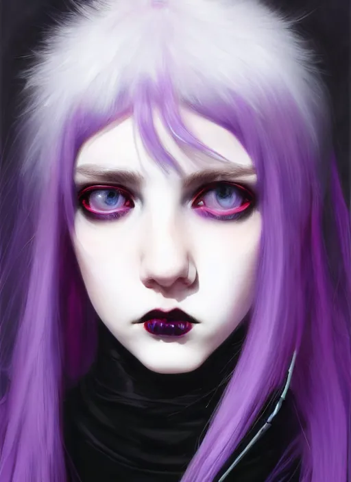 Image similar to portrait of white teenage girl, normal face, white bangs, mall goth, cyberlox, black and white hair, bangs, fluffy bangs, red contact lenses, purple lipstick, intricate, elegant, highly detailed, digital painting, artstation, concept art, sharp focus, smooth, illustration, art by wlop, mars ravelo and greg rutkowski