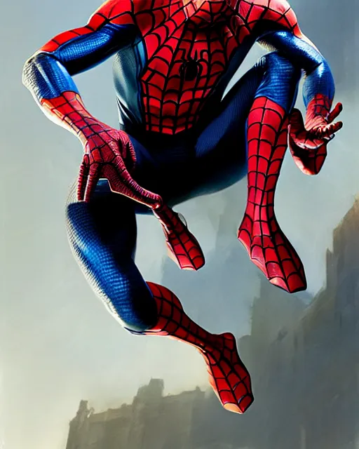 Image similar to spider - man in fantasy, leather suit | | realistic shaded, fine details, realistic shaded lighting painting by greg rutkowski, diego gisbert llorens, magali villeneuve, artgerm, jeremy lipkin, michael garmash, rob rey