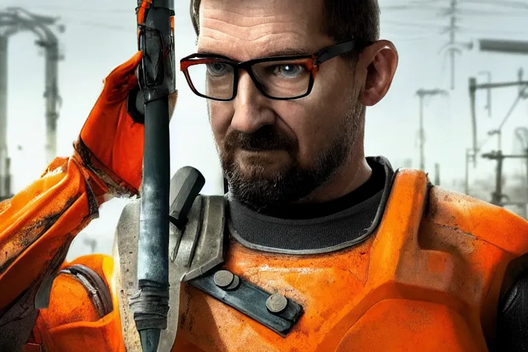 Prompt: vfx movie closeup real life gordon freeman holding wearing futuristic armor, half life logo on chest plate, crowbar in russian train yard by emmanuel lubezki