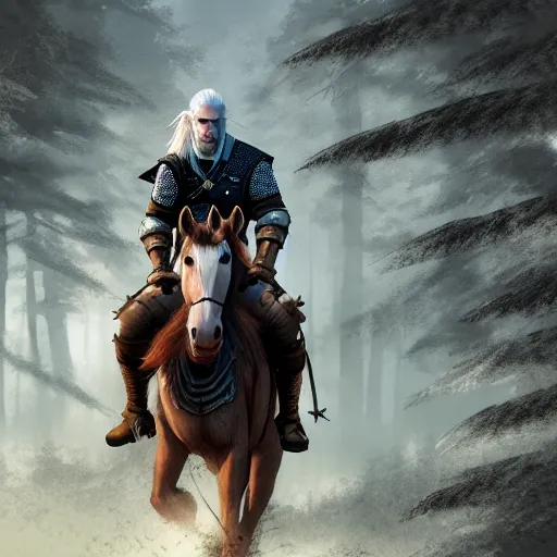 Image similar to Geralt of Rivia riding a horse in forest, 4k, artstation, cgsociety, award-winning, masterpiece, stunning, beautiful, glorious, powerful, fantasy art