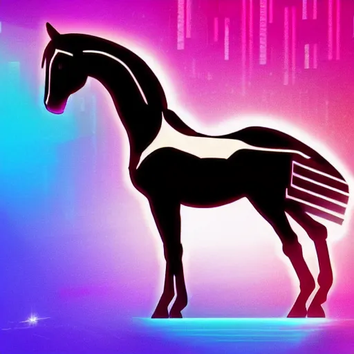 Image similar to A synthwave horse inspired by Tron. Trending on Artstation. Digital screenshot. Faded film grain. 1980s Computer Graphics.