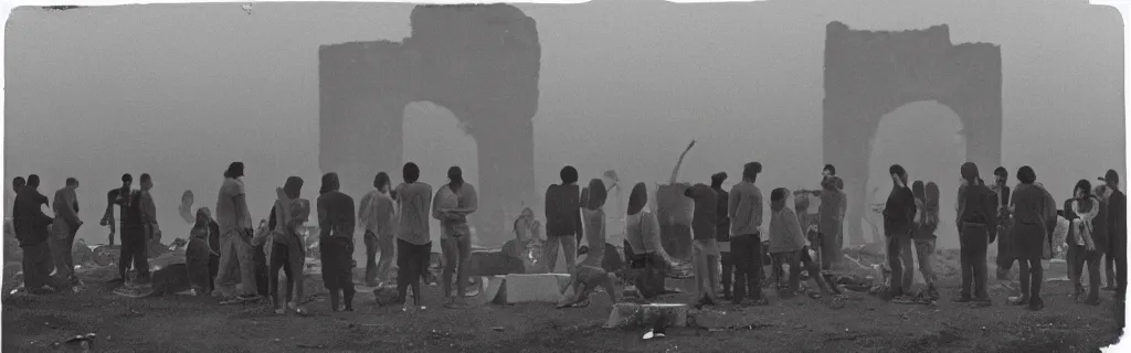 Prompt: group of humans huddled around a bonfire in a decaying building with the world outside overgrown and in ancient architecture ruins from a higher perspective with dramatic lighting photographed with an animorphic lens, rendered in a cinematic hazy dusk sunset golden hour atmosphere photographed by robert frank ( baldessari dots )