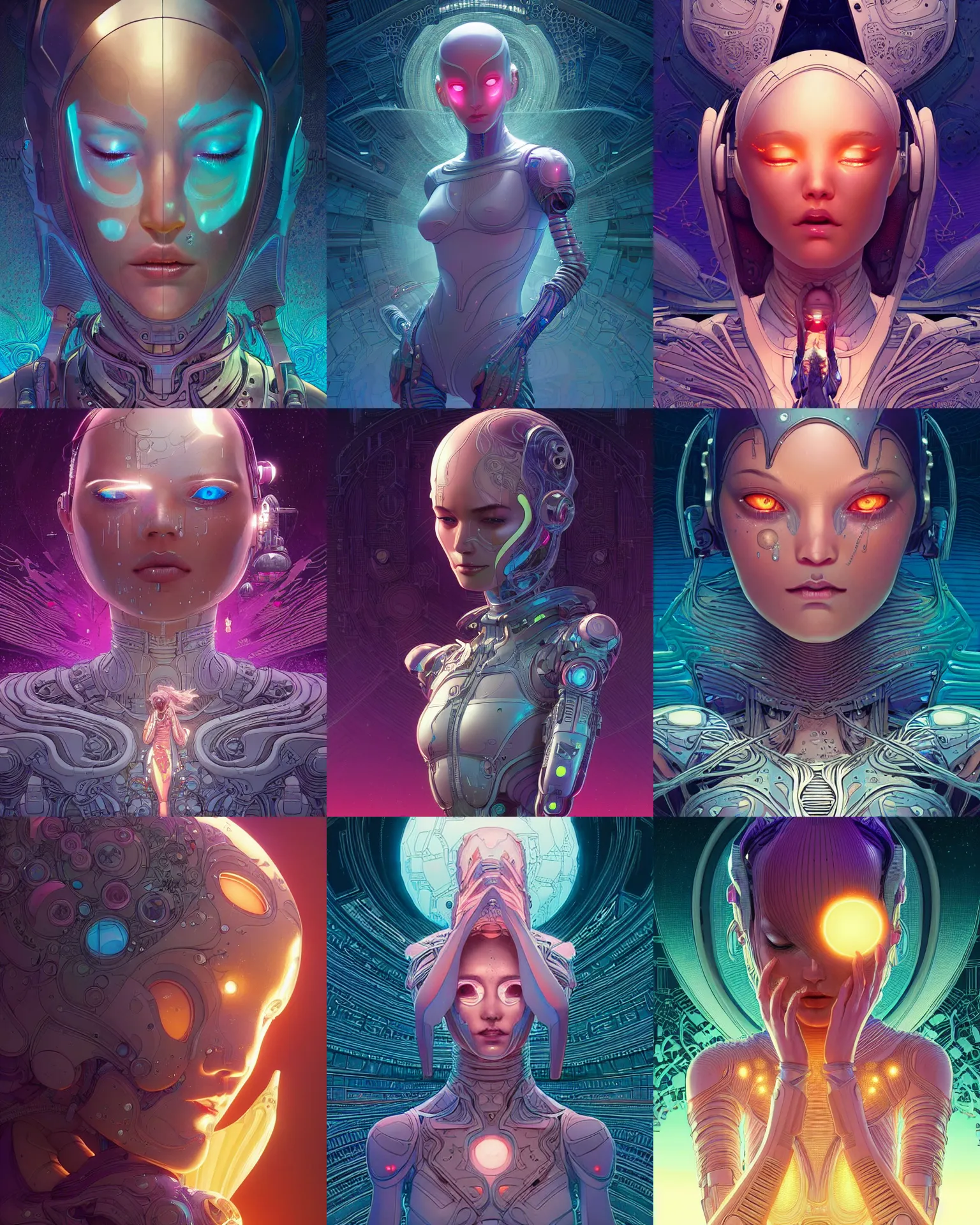 Prompt: ultra detailed, beautiful female android in tears, crying. scifi, fantasy, intricate detailed environment, global illumination, vector art, illustration, concept art, digital illustration. by moebius! and james jean and ( artgerm ) and ( wlop ) and liam brazier and victo ngai and tristan eaton.