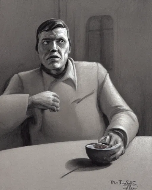 Image similar to rhett sarlin sitting at a table in a cantina on tatooine, portrait by ralph mcquarrie