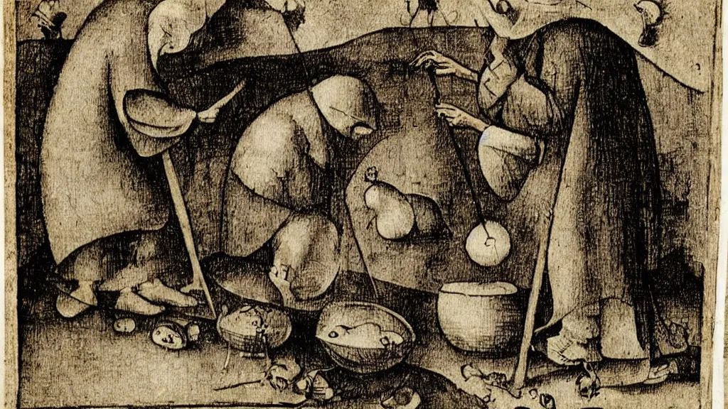 Prompt: wizard examining eggs, Hieronymus Bosch