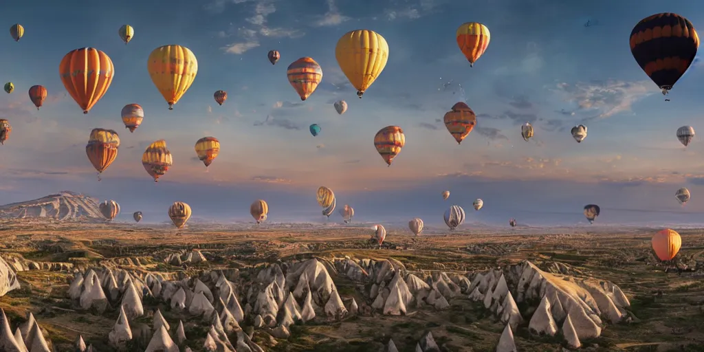 Image similar to Lively landscape of a cappadocia with balloons in the sky, realistic detailed digital art by Maxwell Boas Jessica Rossier Christian Dimitrov Anton Fadeev trending on Artstation CGSociety rendered in Unreal Engine 4k HQ