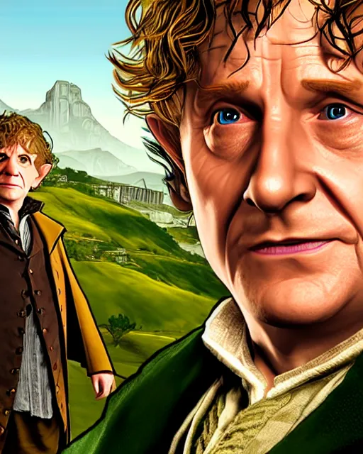 Image similar to Bilbo Baggins from Lord of the rings in GTA V loading screen, GTA V Cover art by Stephen Bliss, boxart, loading screen,