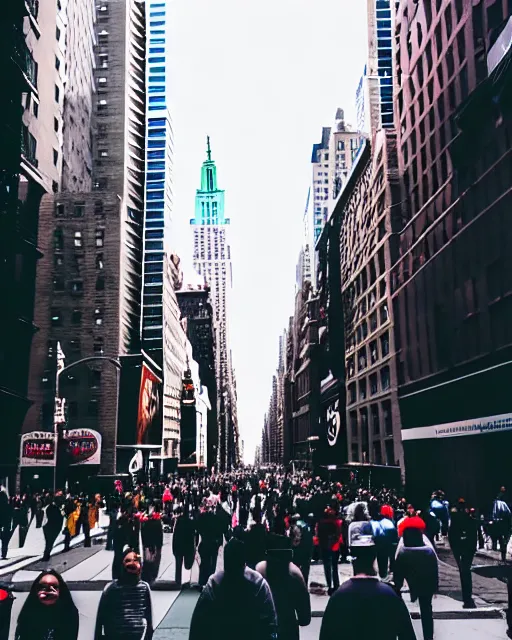 Image similar to photo of new york street with all people have hollow eyes and crazy grin on face