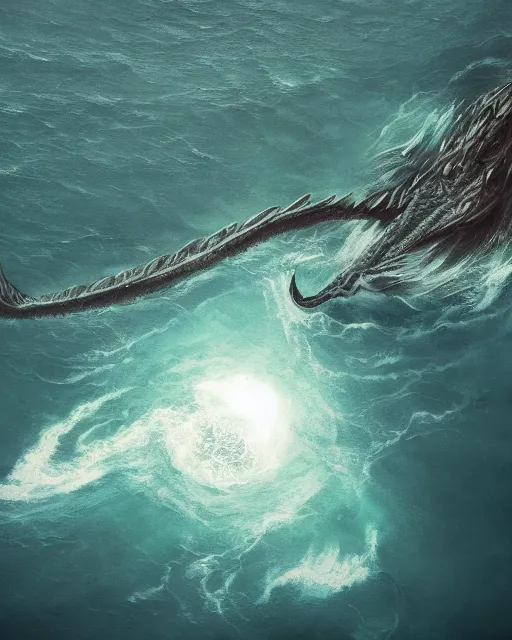 Image similar to aerial view, dark sea, swimming leviathan, fantasy art, trending on artstation
