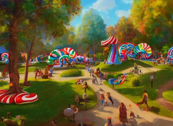 Image similar to candy zoo park for a game candy themed, top angle, oil painting by jama jurabaev, extremely detailed, brush hard, artstation, for aaa game, high quality, brush stroke