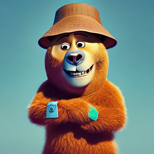 Prompt: a bear wearing a bucket hat. pixar.