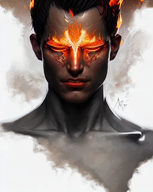 Image similar to A man made of fire, intricate heat distortion designs, elegant, highly detailed, sharp focus, art by Artgerm and Greg Rutkowski and WLOP