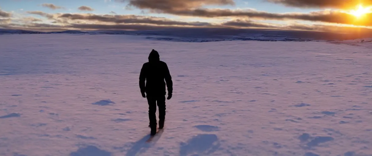 Image similar to a high quality color extreme closeup depth of field creepy hd 4 k film 3 5 mm photograph of the faint barely visible silhouette of a bulky man walking away from a blizzard into a clear desolate snow field with the golden sunset antarctica sky in the distance