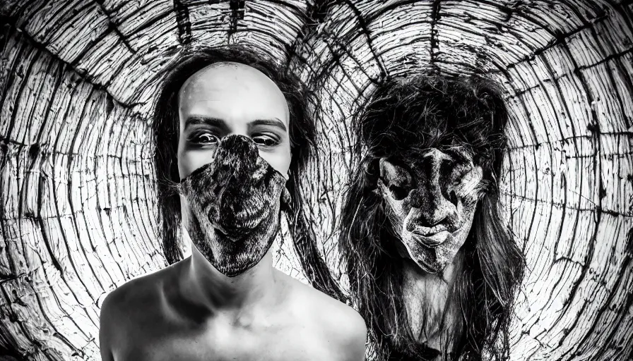 Image similar to high realistic photo portrait of a man with a taxidermic meat mask and elaborate flesh dress in a liminal space style tunnel, early black and white 8mm, heavy grain, high quality,