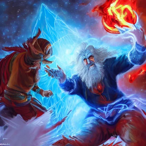 Image similar to Highly detailed oil painting, concept art, of a wizard casting a fireball spell, fighting against a huge ice giant, red and blue color scheme, concept art, highly detailed.