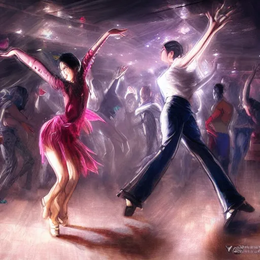 Prompt: people dancing at a night club, highly detailed, trending on artstation, artgerm, yoshitaka amano