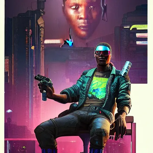 Prompt: Chidi. cyberpunk mercenary smoking a cigar. Style of James Gurney and Mœbius. (Cyberpunk 2077. Blade Runner. Apex Legends. The matrix)