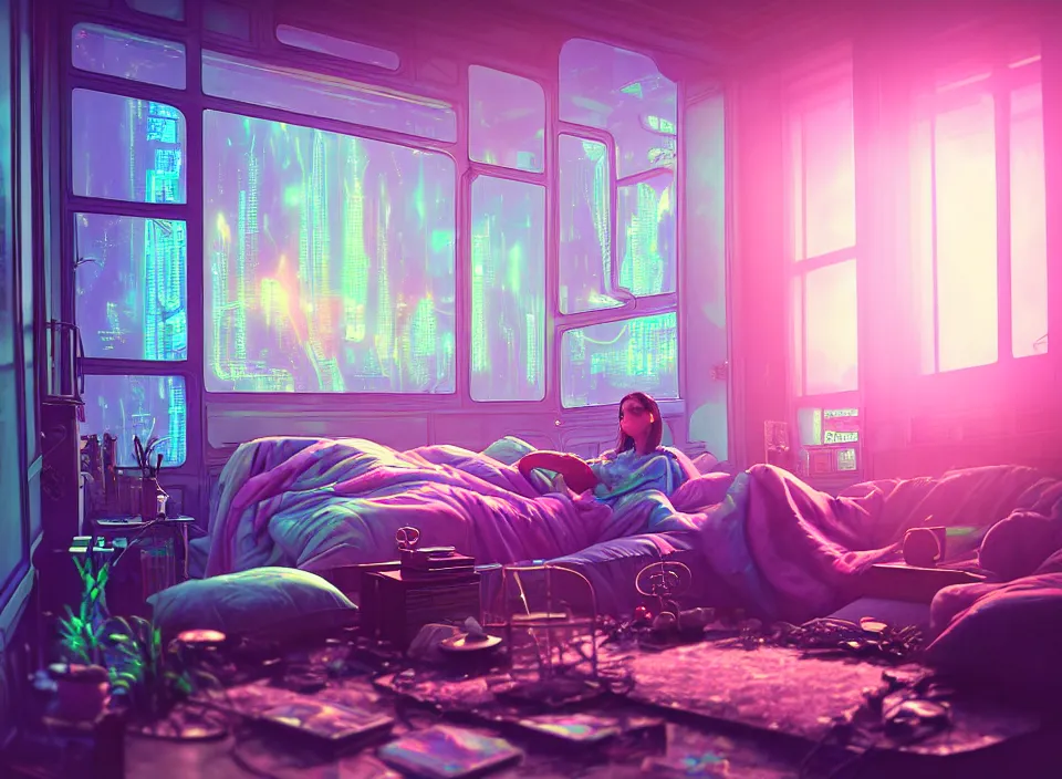 Image similar to telephoto photograph depicting the experience of acceptance in a cosy cluttered french sci - fi ( art nouveau ) cyberpunk apartment in a pastel dreamstate art cinema style. ( iridescent terrarium!, computer screens, window ( city ), leds, lamp, ( ( ( terrarium bed ) ) ) ), ambient light.