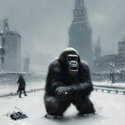 Image similar to angry and aggressive king kong in winter moscow, digital painting, very detailed, art by jakub rozalski