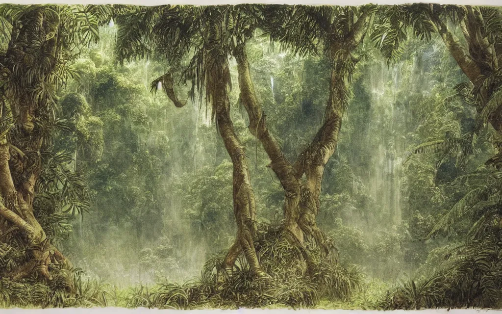 Prompt: a watercolour painting of the amazon rainforest by john blanche, alan lee, gustave dore, fog, highly detailed, storybook illustration, coloured lithograph engraving