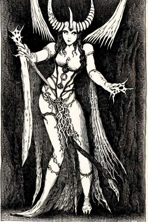 Image similar to cait sidhe, as a demon from the dictionarre infernal, pen - and - ink illustration, etching by louis le breton, 1 8 6 9, 1 2 0 0 dpi scan, ultrasharp detail, hq scan, intricate details, stylized border