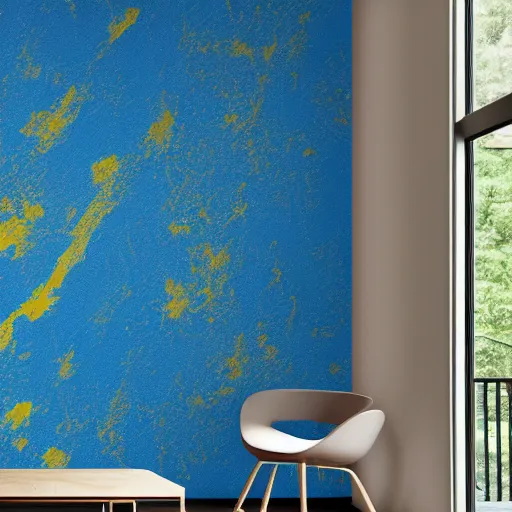 Prompt: interior of a living room, modern minimal design, abstract painting as wallpaper pattern, blue, yellow, photorealist, 4 k