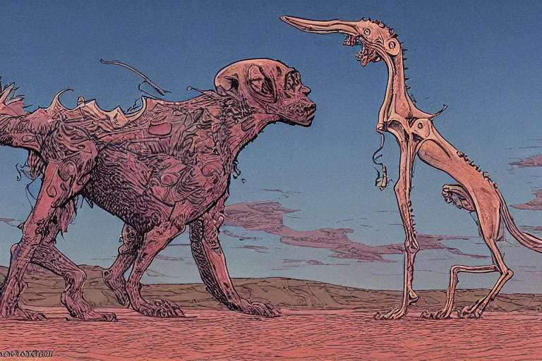 Image similar to monstrous evil xoloitzcuintli dog in the space atacama desert at dusk, hungry and drooling, cracking bones, near a retro - futuristic train station, futuristic comic book by moebius, william stout, katsuya terada