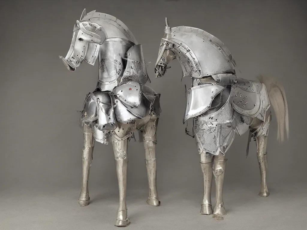 Image similar to anthropomorphic cartoon gray horse dressed up as a knight