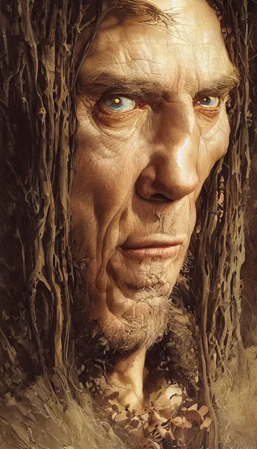 Prompt: Realistic portrait painting of a high fantasy wood elf wizard by John Howe, Greg Rutkowski, Frank Frazetta, Artgerm, Donato Giancola, Christophe Vacher, dramatic lighting