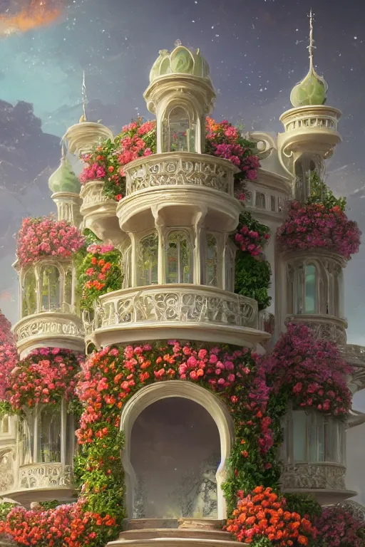 Image similar to The front of the white Rococo-style castle is full of roses, Art Nouveau Cosmic 4k Detailed Matte Illustration featured on Getty Images ,CGSociety, Jade and Carrot orange color scheme, Pastiche by Marc Simonetti, Pastiche by Cedric Peyravernay