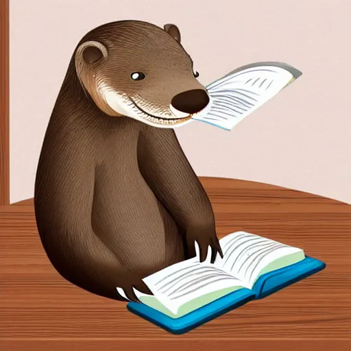 Image similar to a cute smiling otter reading a book at a desk, realistic