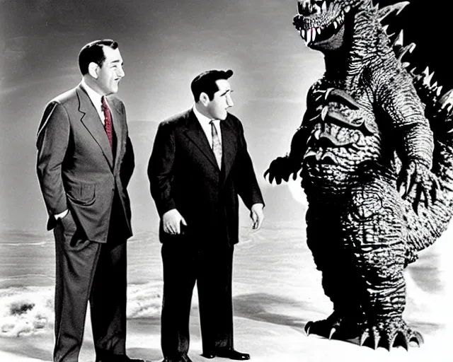 Image similar to a photograph of Abbott and Costello meeting Godzilla