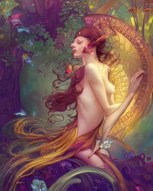 Prompt: a beautiful fairy in a morning dreamland, coherent design, symmetrical, vivid color, complementary color, golden ratio, detailed, sharp lines, intricate, rainbowshift, by james gurney, by brian froud, by peter mohrbacher, by alphonse mucha, by maxfield parrish, by karol bak, deviantart, octane render