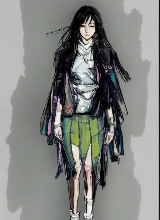 Image similar to a yoji shinkawa full body sketch of an architect girl with long hair and skinny legs wearing a puffy japanese kimono designed by balenciaga, a short holographic skirt and yeezy 5 0 0 sneakers