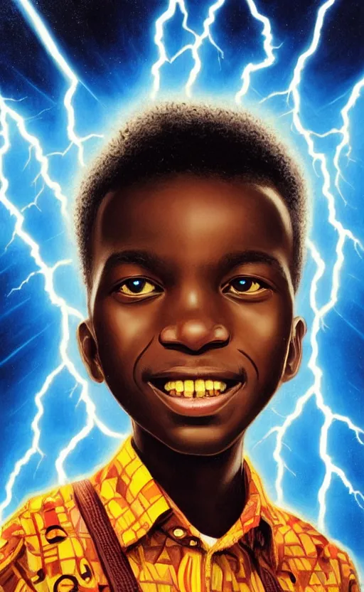 Image similar to colourful upper half portrait of a super african boy inside a group of clouds surrounded by bolts of lightning with rays of light emanating from clouds - in drew struzan movie poster style, art by drew struzan & hsiao - ron cheng, highly detailed, digital painting, ray tracing, illustration, smooth, sharp focus, intricate, symmetry, artstation,