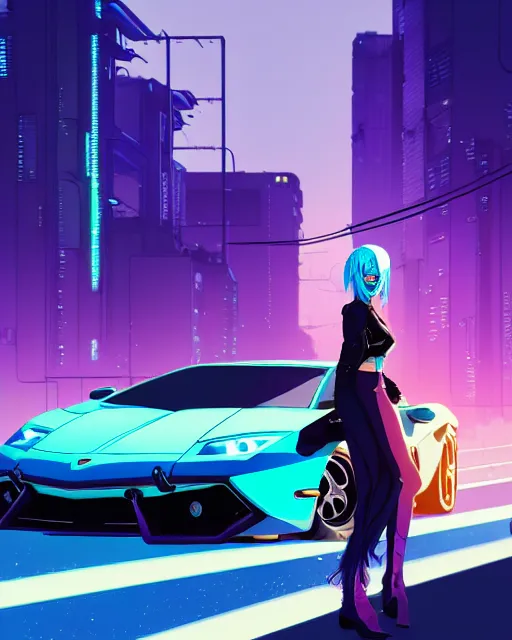 Image similar to digital illustration of cyberpunk pretty girl with blue hair, standing in front of a purple lamborghini, in junkyard at night, by makoto shinkai, ilya kuvshinov, lois van baarle, rossdraws, basquiat