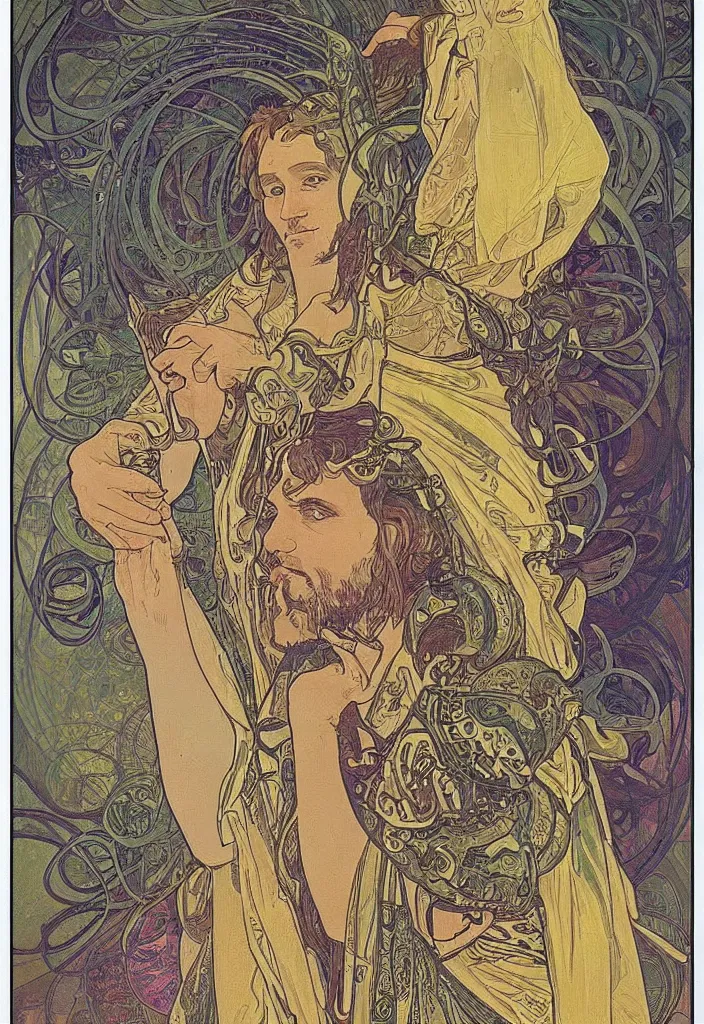 Image similar to Jurgen Schmidhuber on a tarot card, tarot in art style by Alphonse Mucha