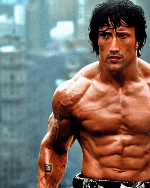 Image similar to Film still close-up shot of Dwayne Johnson as Rocky Balboa from the movie Rocky. Photographic, photography