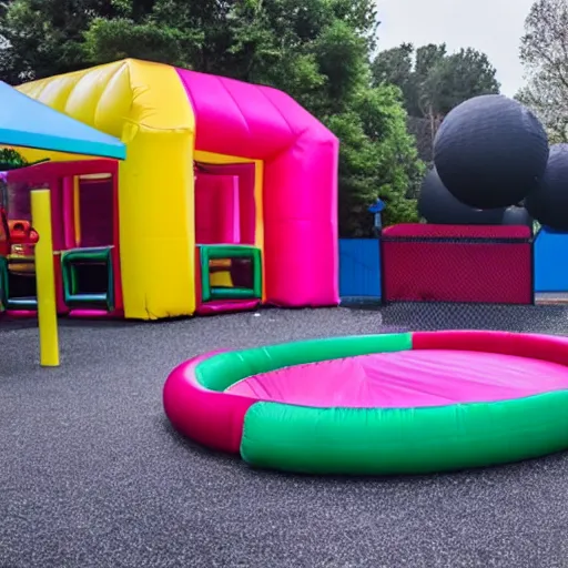 Image similar to A black trampoline next to A bouncy house with a ball pit inside a big empty room with windows