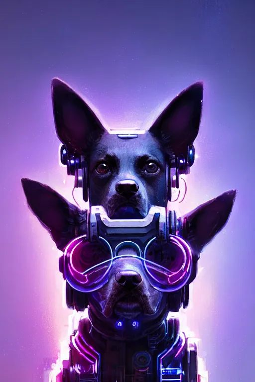 Image similar to a beautiful portrait of a cute cyberpunk dog by greg rutkowski and wlop, purple blue color scheme, high key lighting, volumetric light, digital art, highly detailed, fine detail, intricate, ornate, complex, octane render, unreal engine, photorealistic